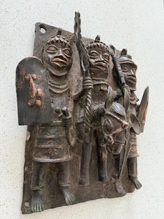 Antique Benin Bronze Plaque 1970s Royal Oba Court Warriors Lost Wax African Art
