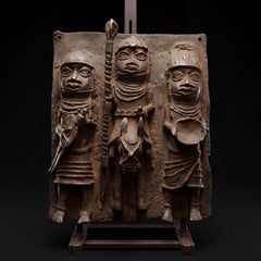 Antique Benin Bronze Plaque 1970s Royal Oba Court Warriors Lost Wax African Art