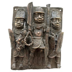 Antique Benin Bronze Plaque 1970s Royal Oba Court Warriors Lost Wax African Art