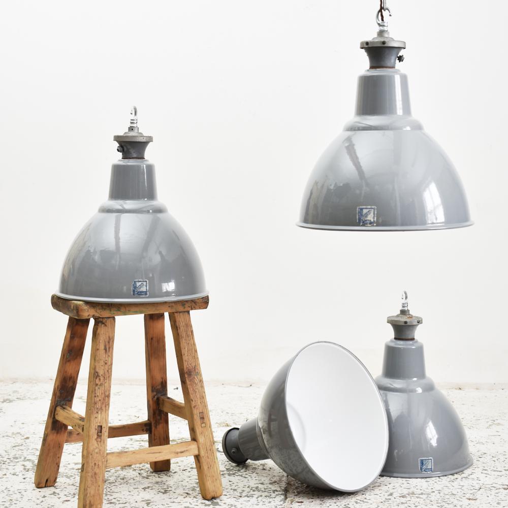 Enamel Antique Benjamin Grey Dome Industrial Pendant Light For Sale