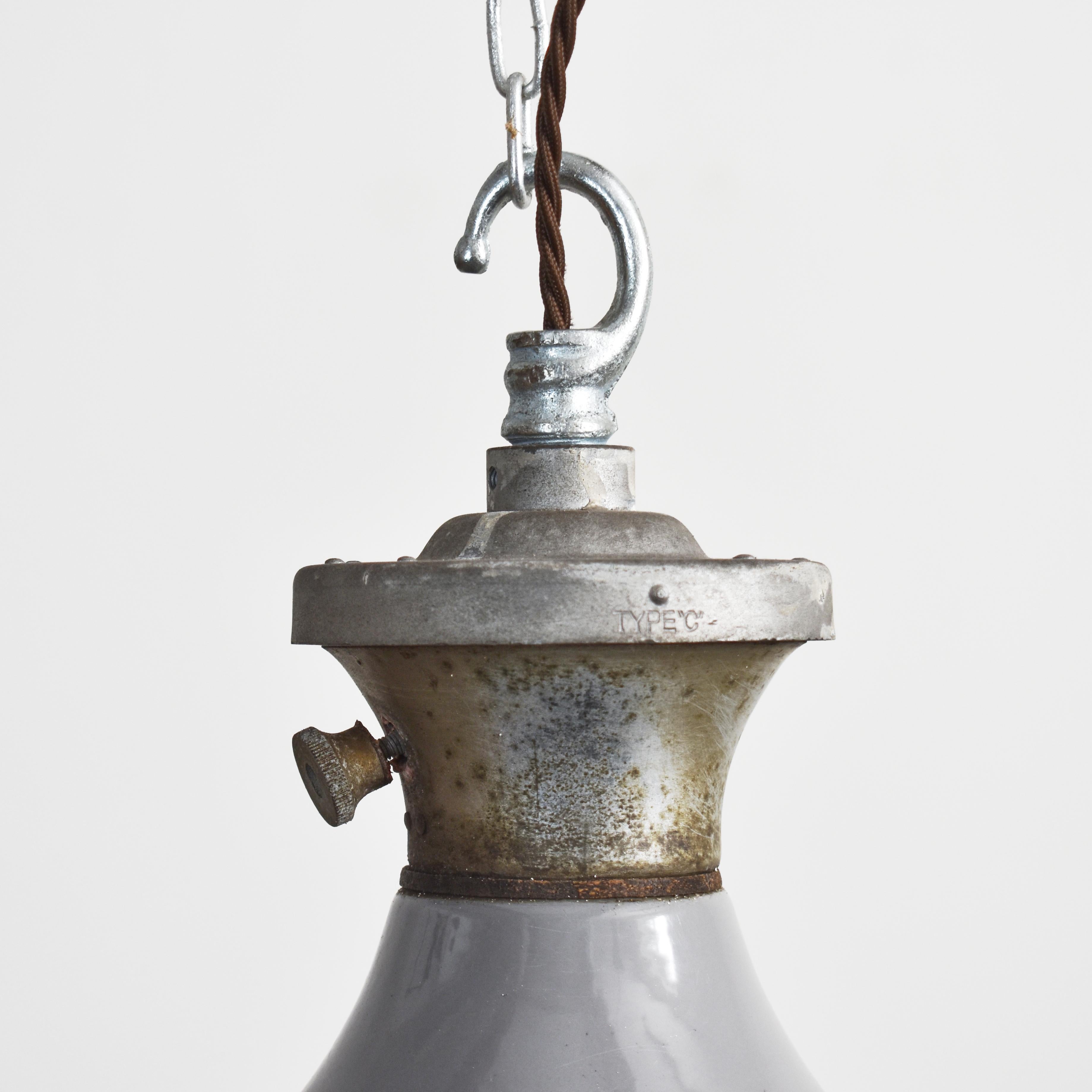 Enameled Antique Benjamin Grey Dome Industrial Pendant Light For Sale