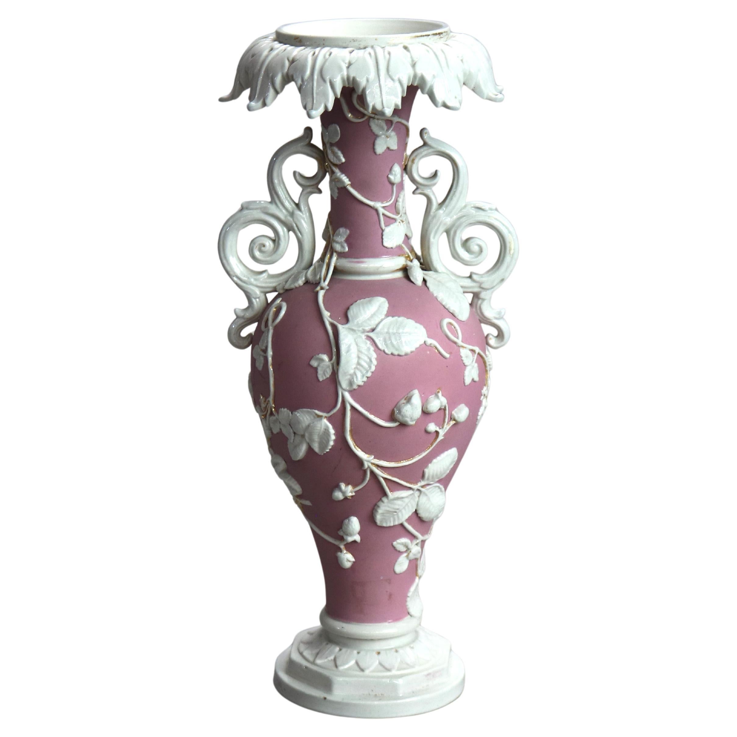 Antique Bennington English Bisque Porcelain Foliate & Scroll Form Vase C1910