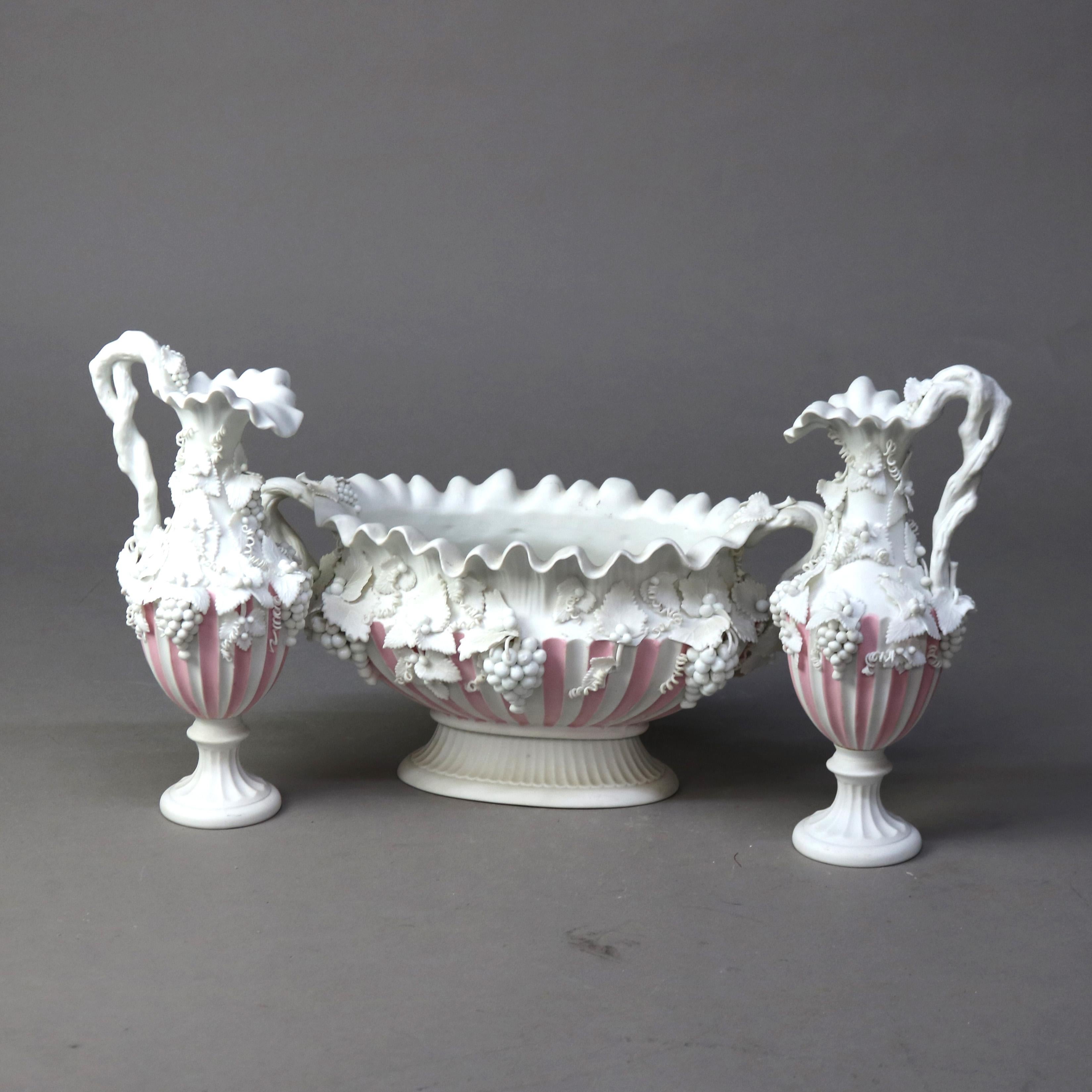 19th Century Antique Bennington English Bisque Porcelain Three-Piece Grape & Leaf Console Set For Sale