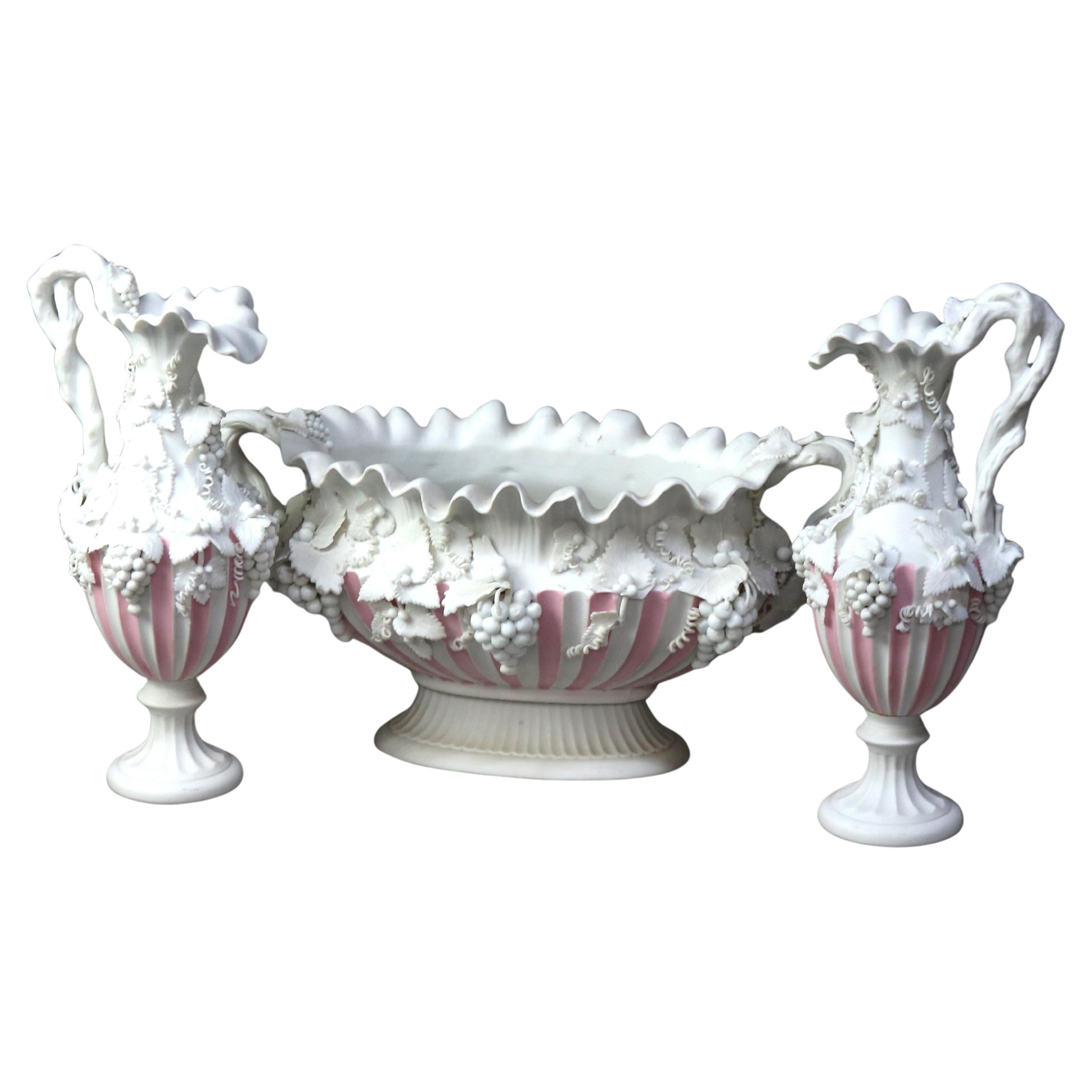 Antique Bennington English Bisque Porcelain Three-Piece Grape & Leaf Console Set For Sale