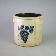 Antique Burlington Salt Glazed Blue Decorated Stoneware Crock with Grapes c1870