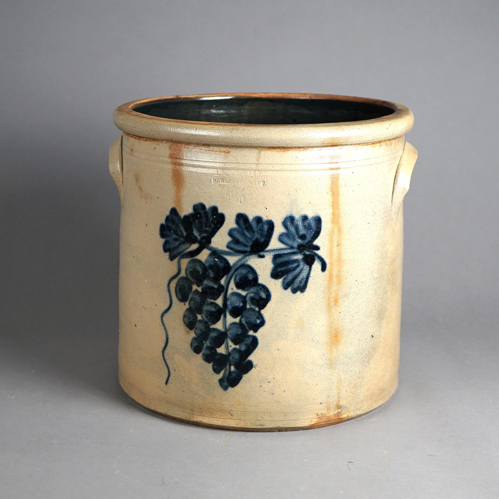 Primitive Antique Burlington Salt Glazed Blue Decorated Stoneware Crock with Grapes c1870 For Sale