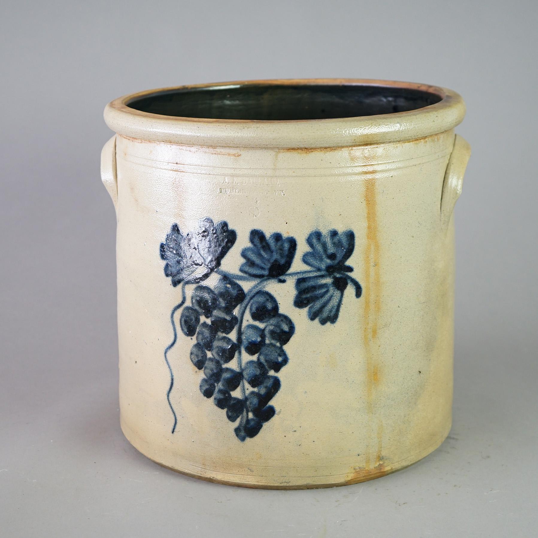 Antique Burlington Salt Glazed Blue Decorated Stoneware Crock with Grapes c1870 For Sale 1