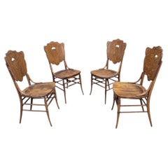 Antique Bent Quarter-Sawn Oak Cut Out Back Chairs - Set Of 4