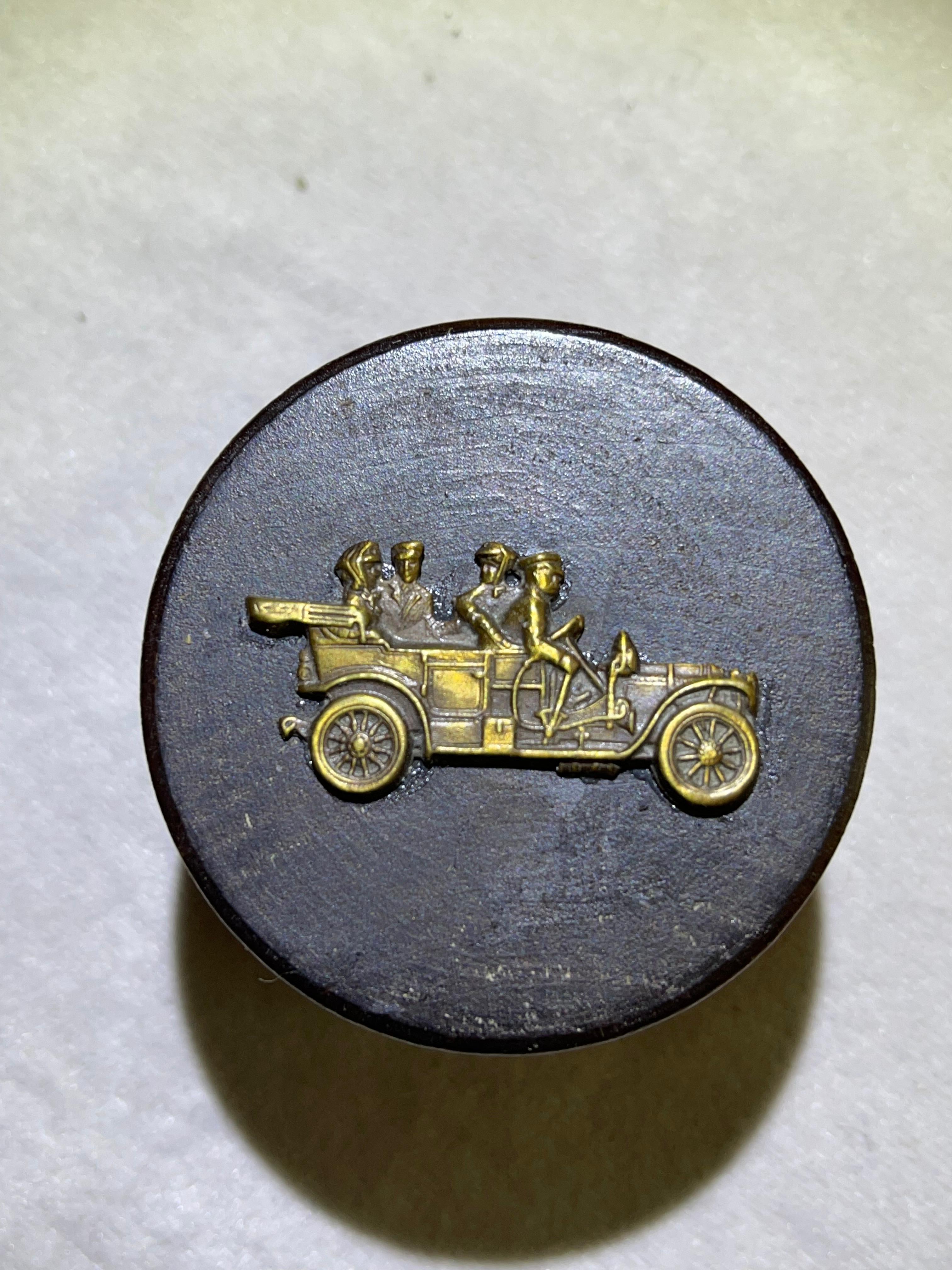 Other Antique Bent Wood Snuff Box w Brass Car on Lid, Automotive Interest For Sale