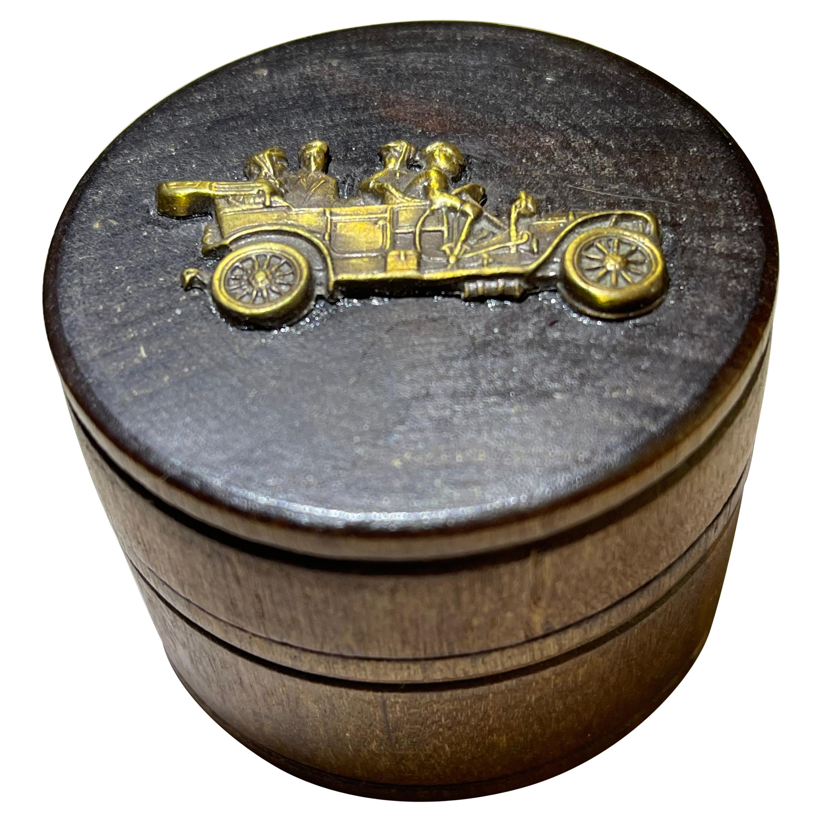 Antique Bent Wood Snuff Box w Brass Car on Lid, Automotive Interest