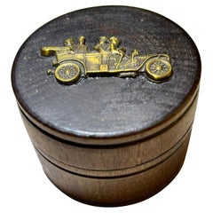 Antique Bent Wood Snuff Box w Brass Car on Lid, Automotive Interest