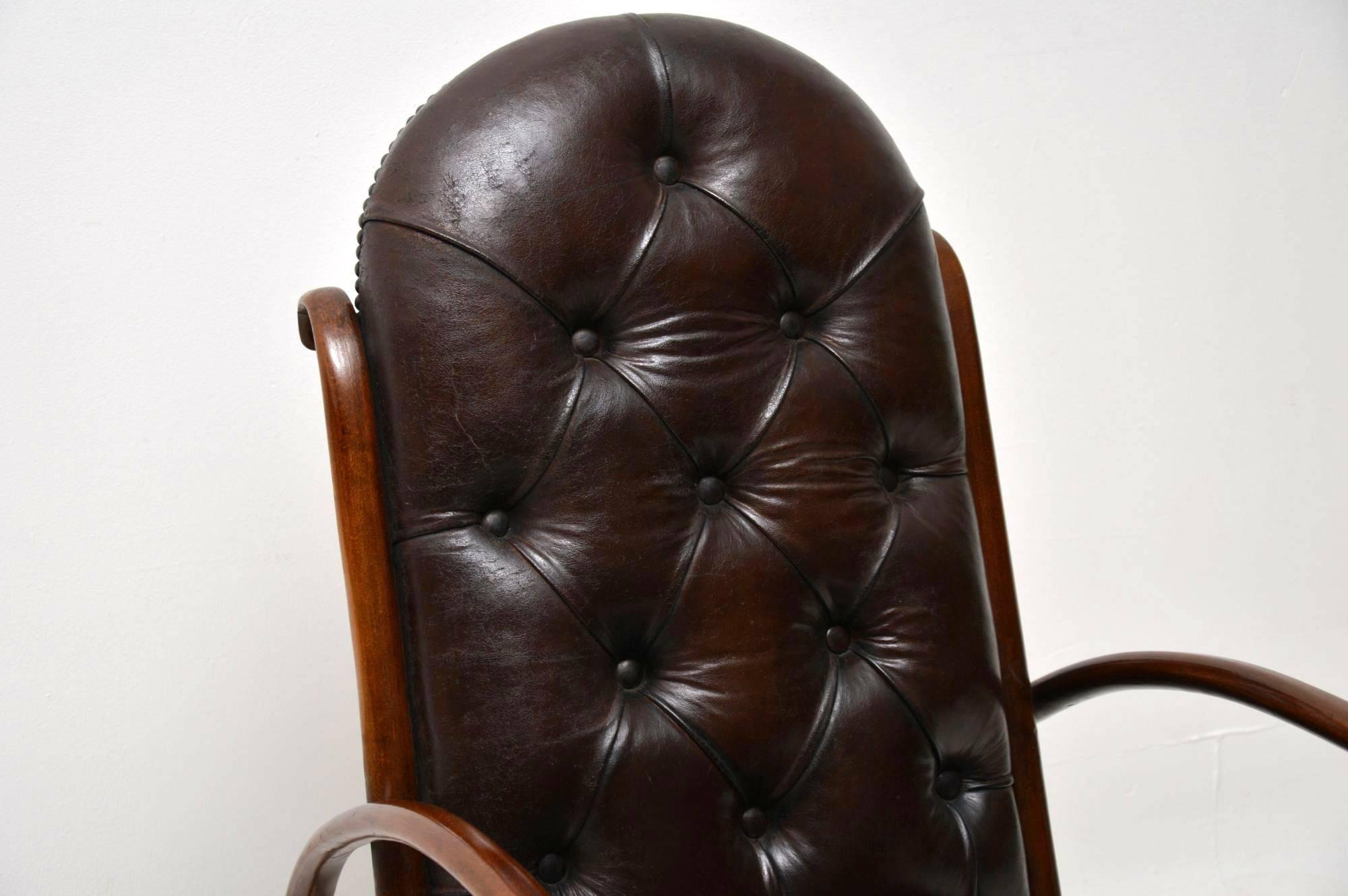 Victorian Antique Bentwood and Leather Rocking Chair by Thonet