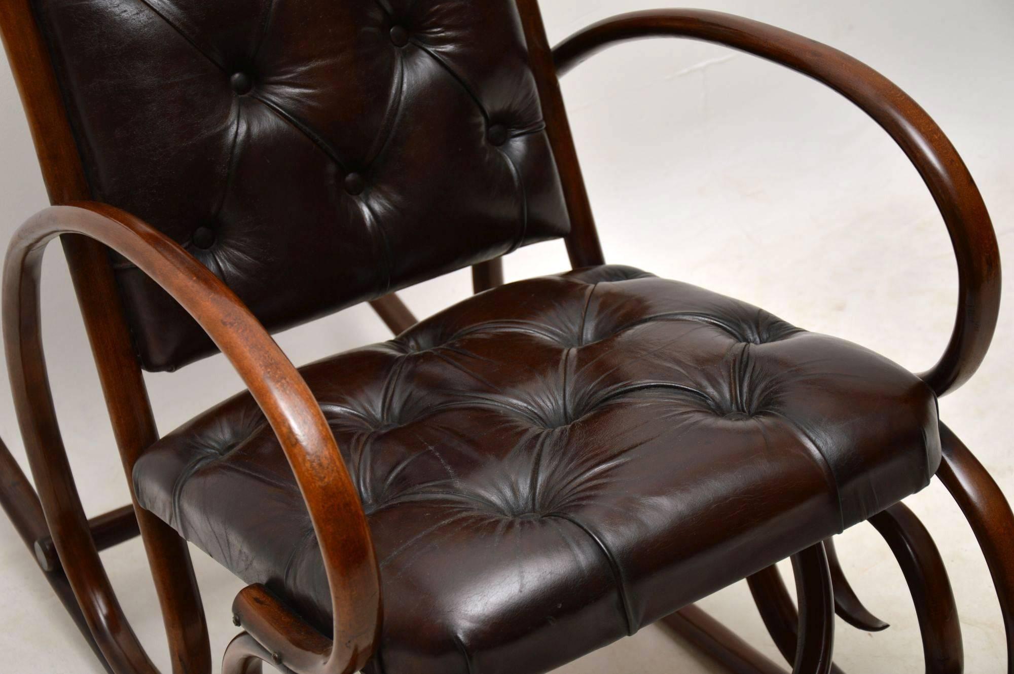 French Antique Bentwood and Leather Rocking Chair by Thonet