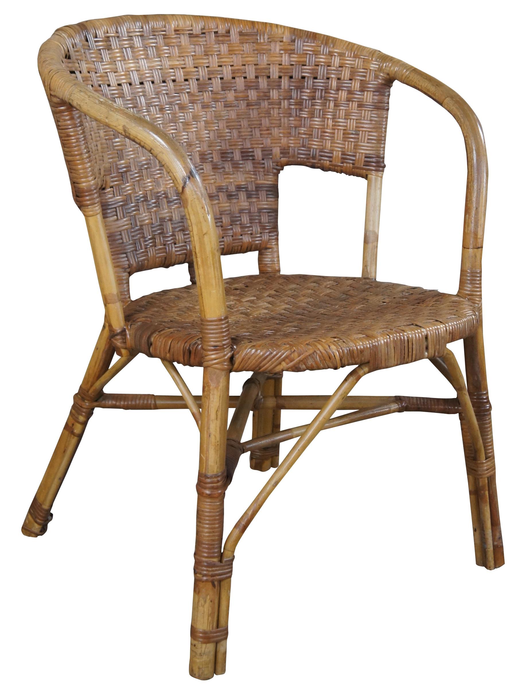 Antique bamboo and woven wicker / rattan armchair featuring rounded bentwood back with geometric woven pattern.
Measures: 30