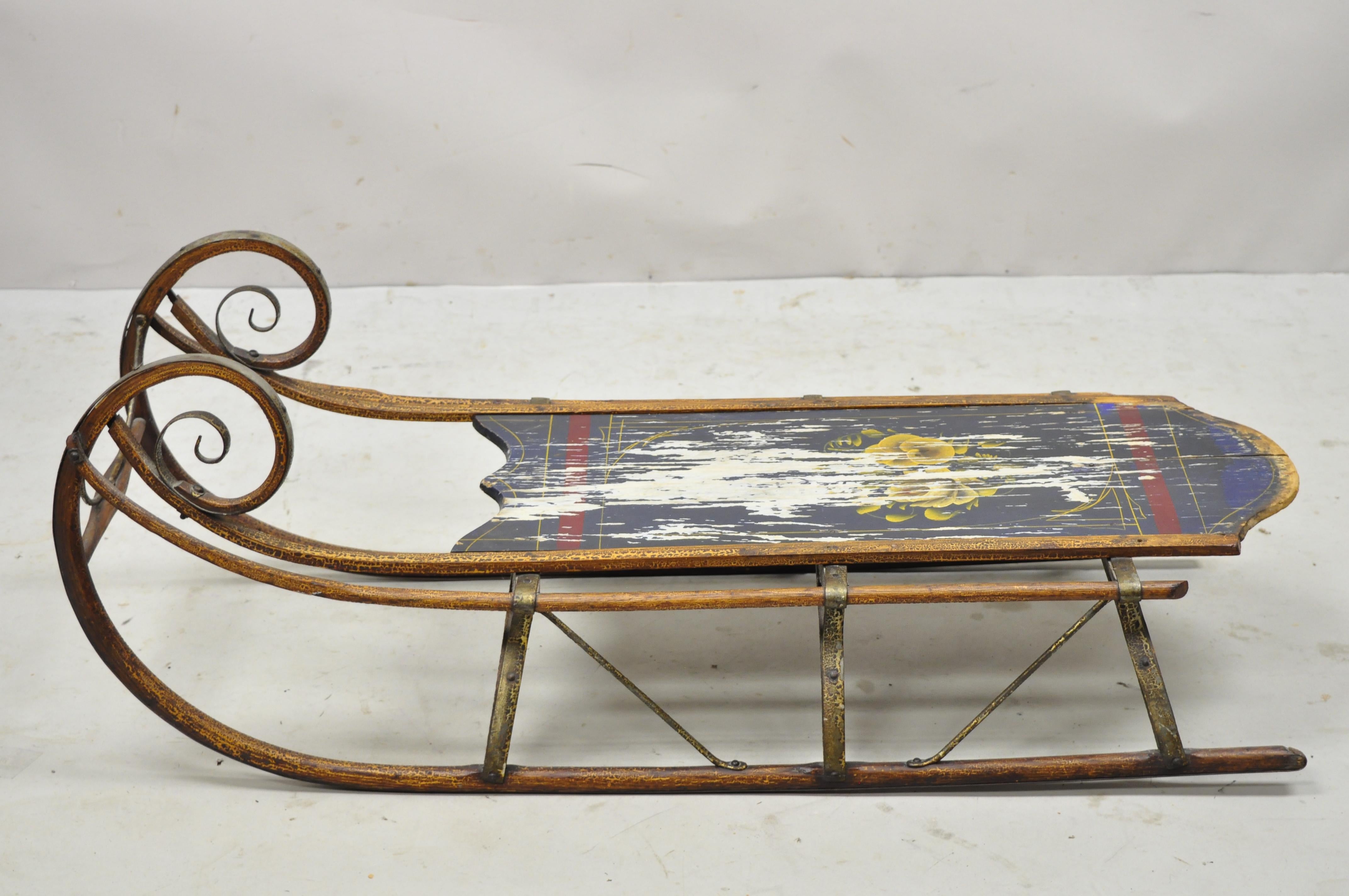 Antique Bentwood Blue Painted Small Child Snow Sled Wall Display Art For Sale 2