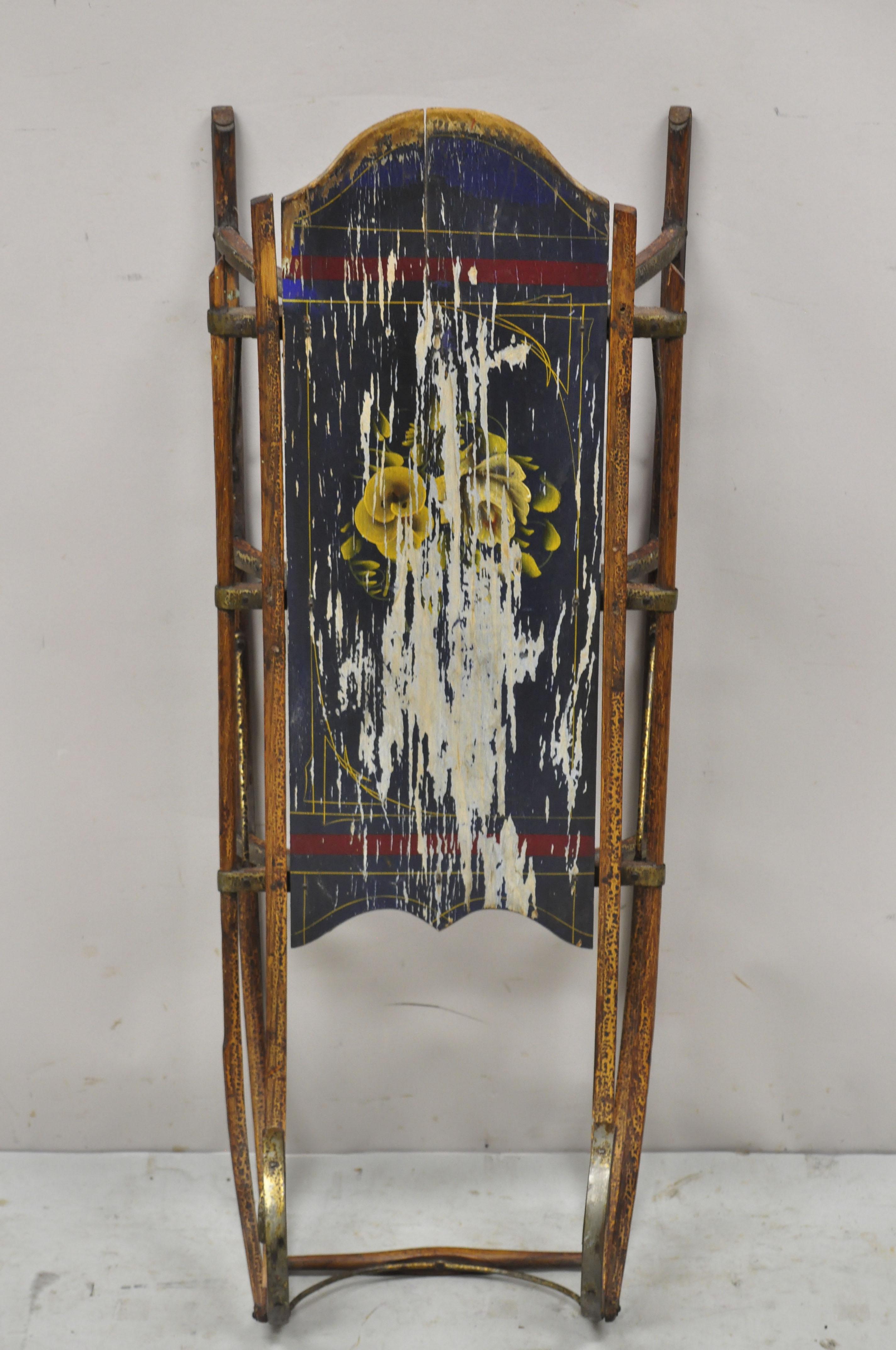 Victorian Antique Bentwood Blue Painted Small Child Snow Sled Wall Display Art For Sale