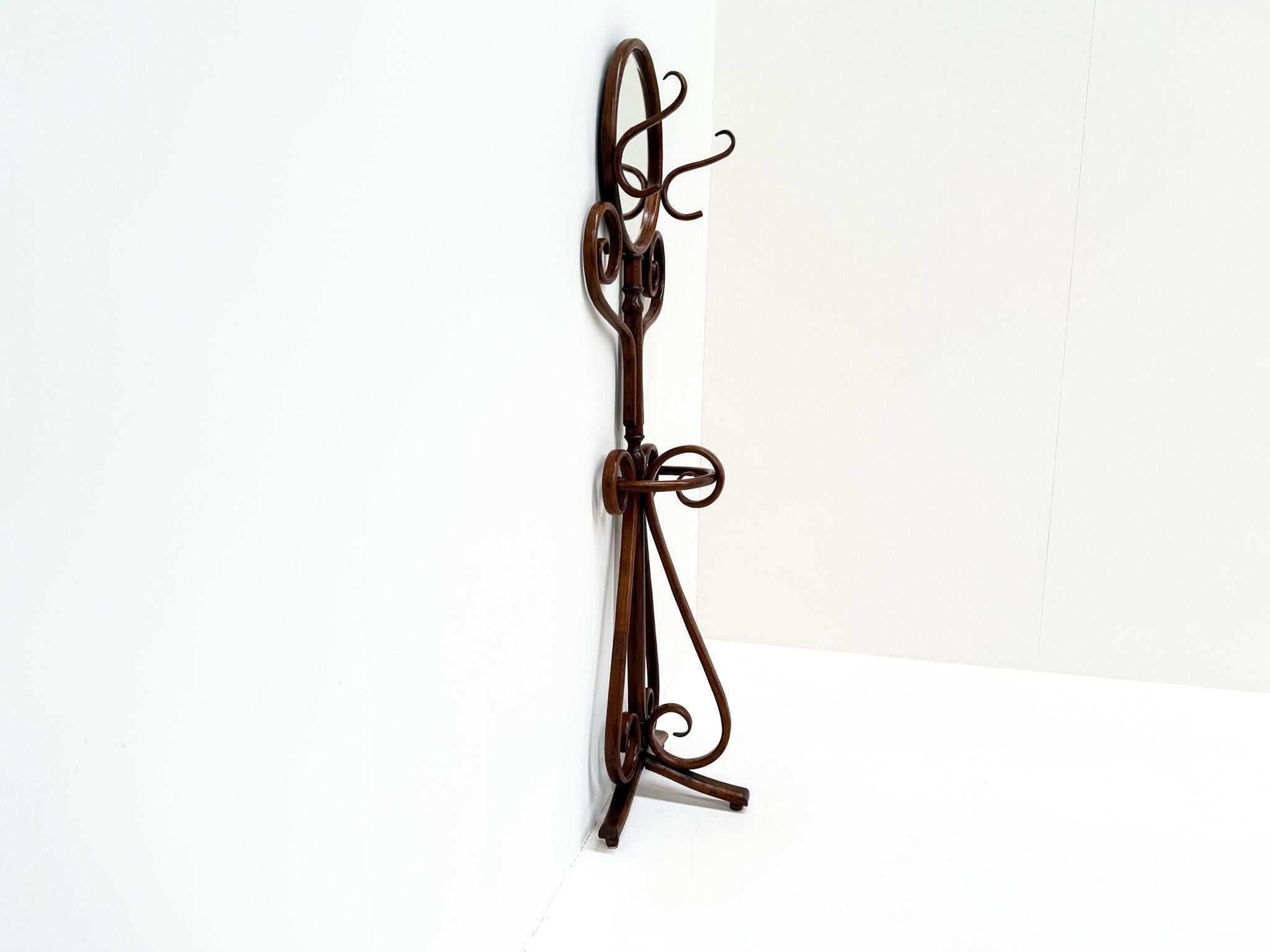 Art nouveau Ancien support de rasage ou A Hall en bois courbé avec miroir biseauté, années 1920-1940 en vente