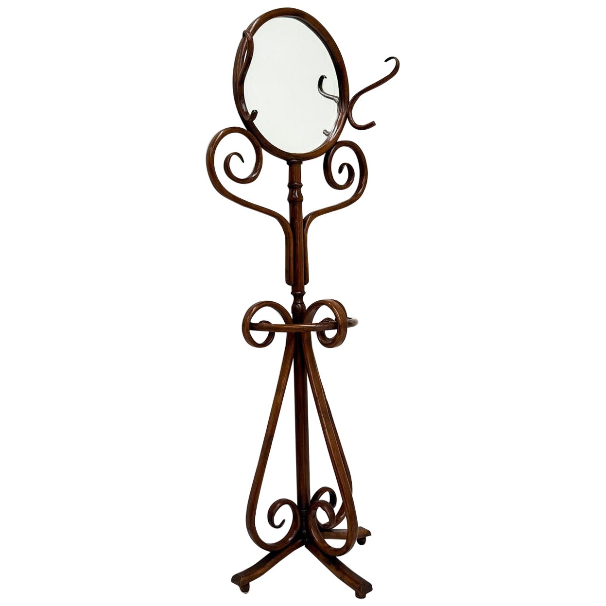 Ancien support de rasage ou A Hall en bois courbé avec miroir biseauté, années 1920-1940 en vente