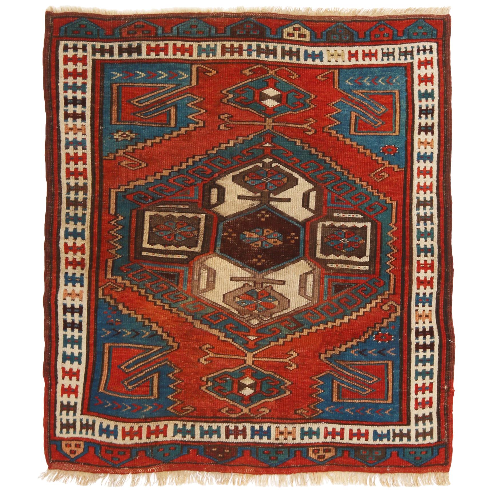 Antique Bergama Traditional Geometric Red and Blue Wool Rug