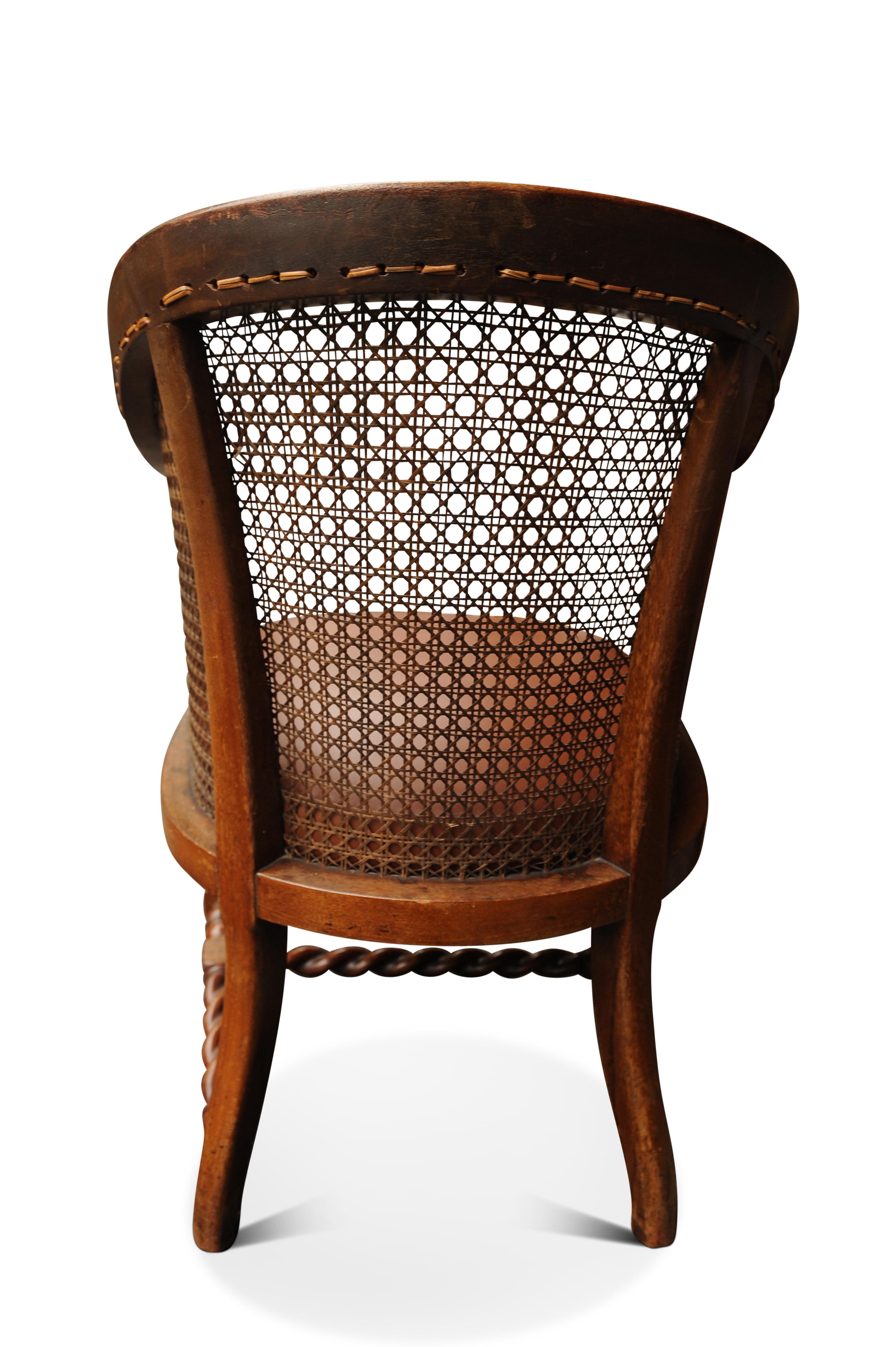 British Antique Bergere Barley Twist Library Armchair with Brown Leather Seat For Sale