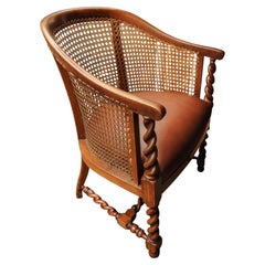 Antique Bergere Barley Twist Library Armchair with Brown Leather Seat