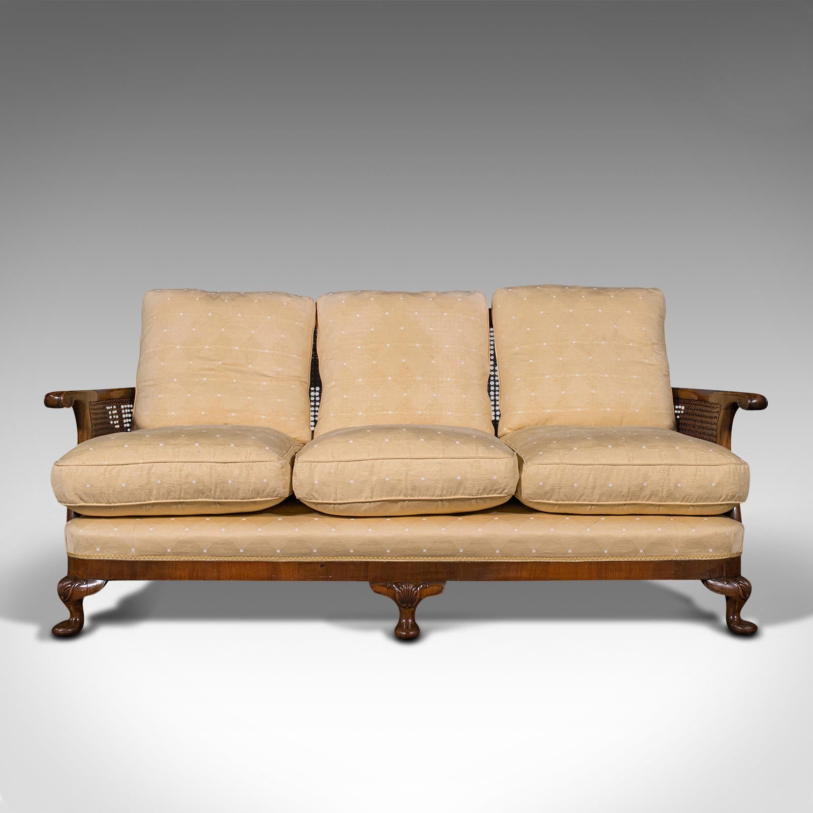 This is an antique bergere sofa. An English, walnut and cane three seat settee, dating to the Edwardian period, circa 1910.

Delightful reception room or conservatory sofa
Displays a desirable aged patina and in good order
Walnut frame shows
