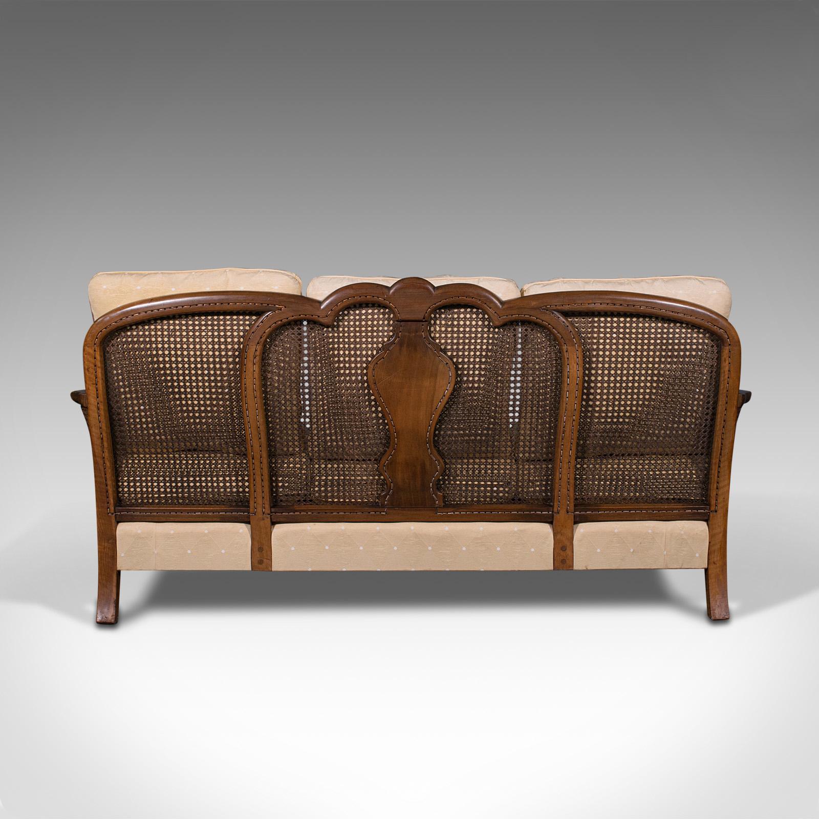 20th Century Antique Bergere Sofa, English, Walnut, Cane, 3 Seat, Settee, Art Deco, Edwardian