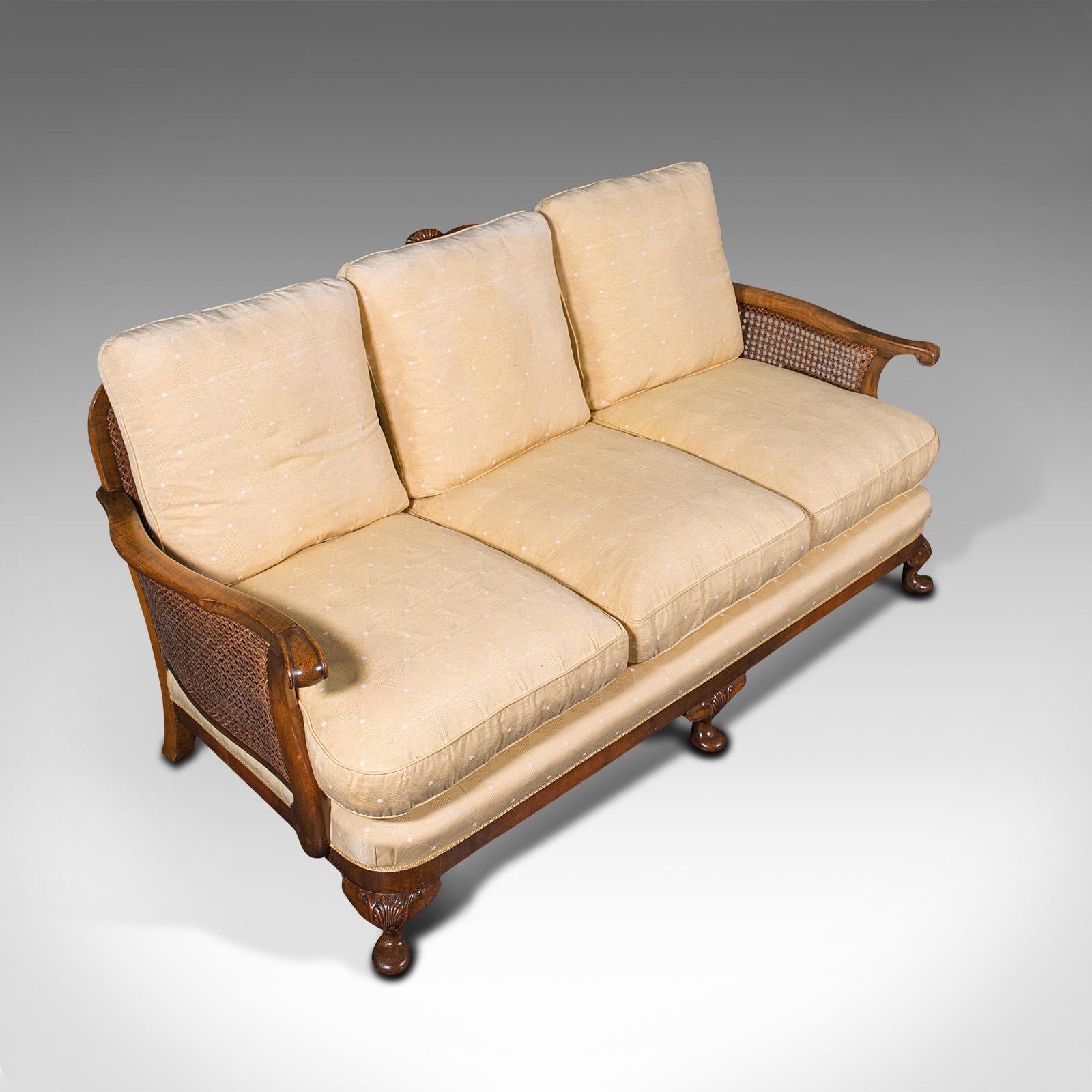 Antique Bergere Sofa, English, Walnut, Cane, 3 Seat, Settee, Art Deco, Edwardian 2
