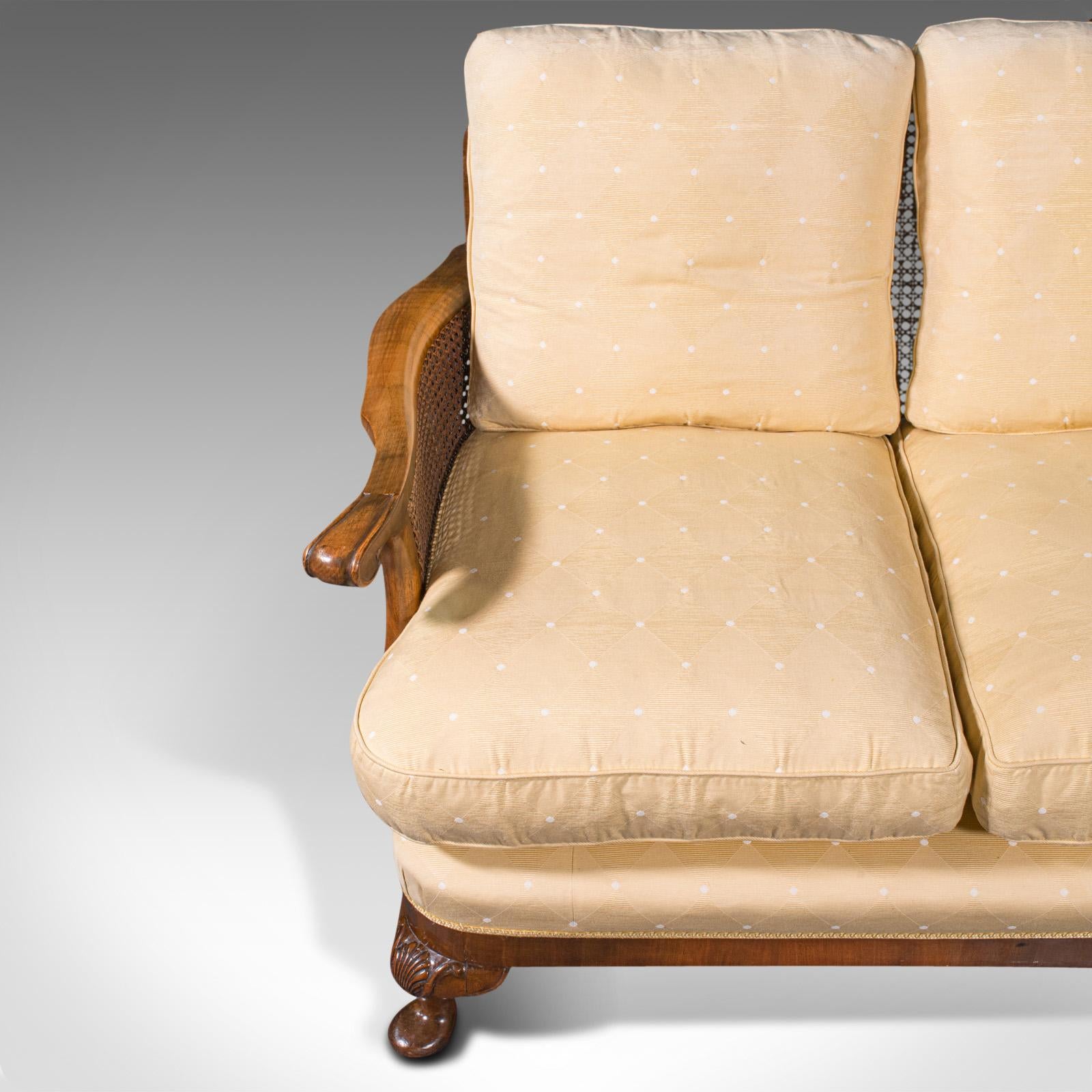 Antique Bergere Sofa, English, Walnut, Cane, 3 Seat, Settee, Art Deco, Edwardian 3