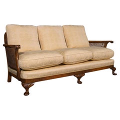 Antique Bergere Sofa, English, Walnut, Cane, 3 Seat, Settee, Art Deco, Edwardian