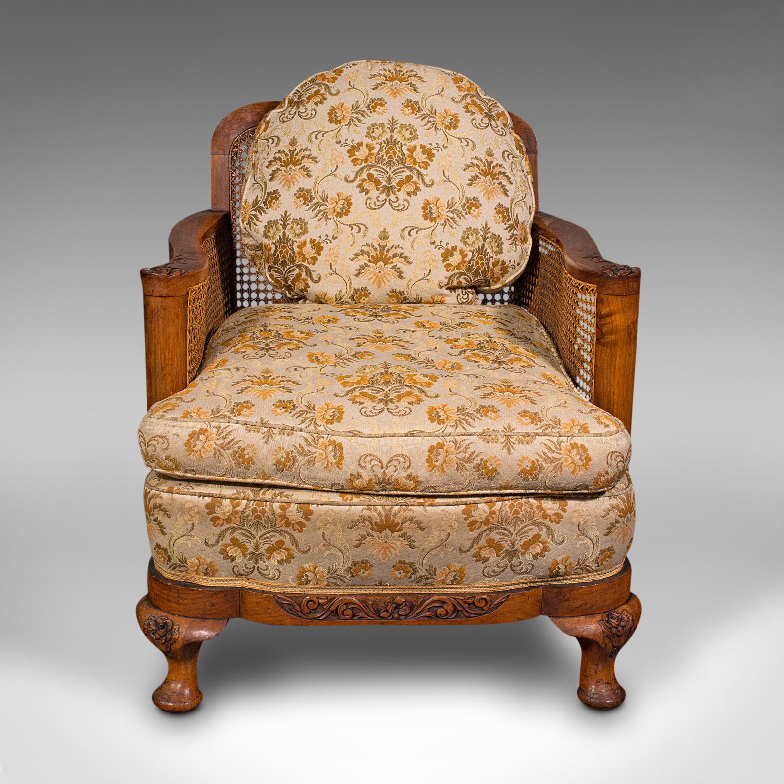 British Antique Bergere Sofa Suite, English, Walnut, 3 Seat Settee, Armchair, Edwardian For Sale