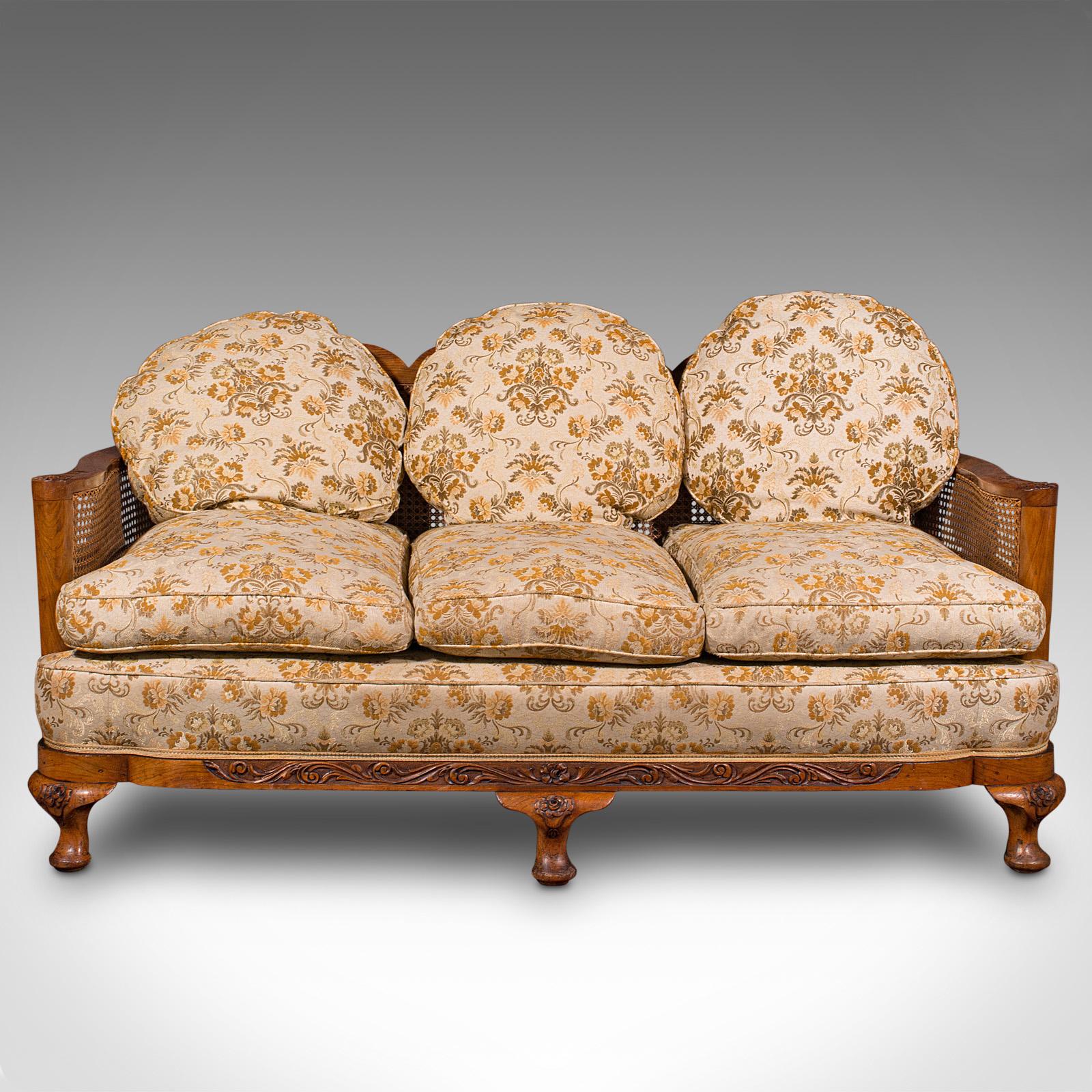 20th Century Antique Bergere Sofa Suite, English, Walnut, 3 Seat Settee, Armchair, Edwardian