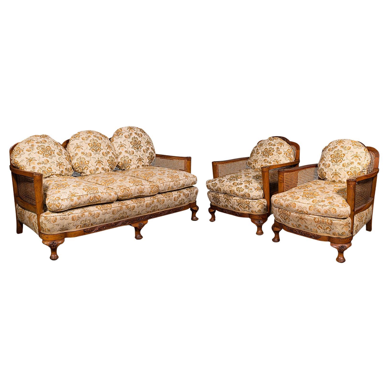 Antique Bergere Sofa Suite, English, Walnut, 3 Seat Settee, Armchair, Edwardian For Sale