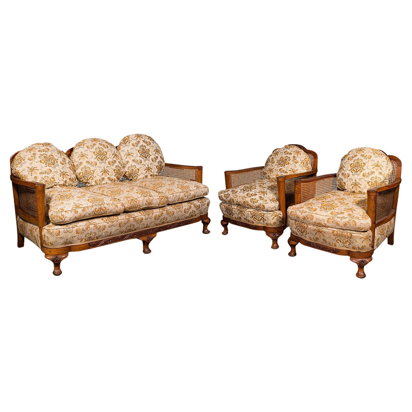 Antike antike Bergere Sofa-Suite, englisch, Nussbaum, 3-Sitz-Sessel, Sessel, Edwardian