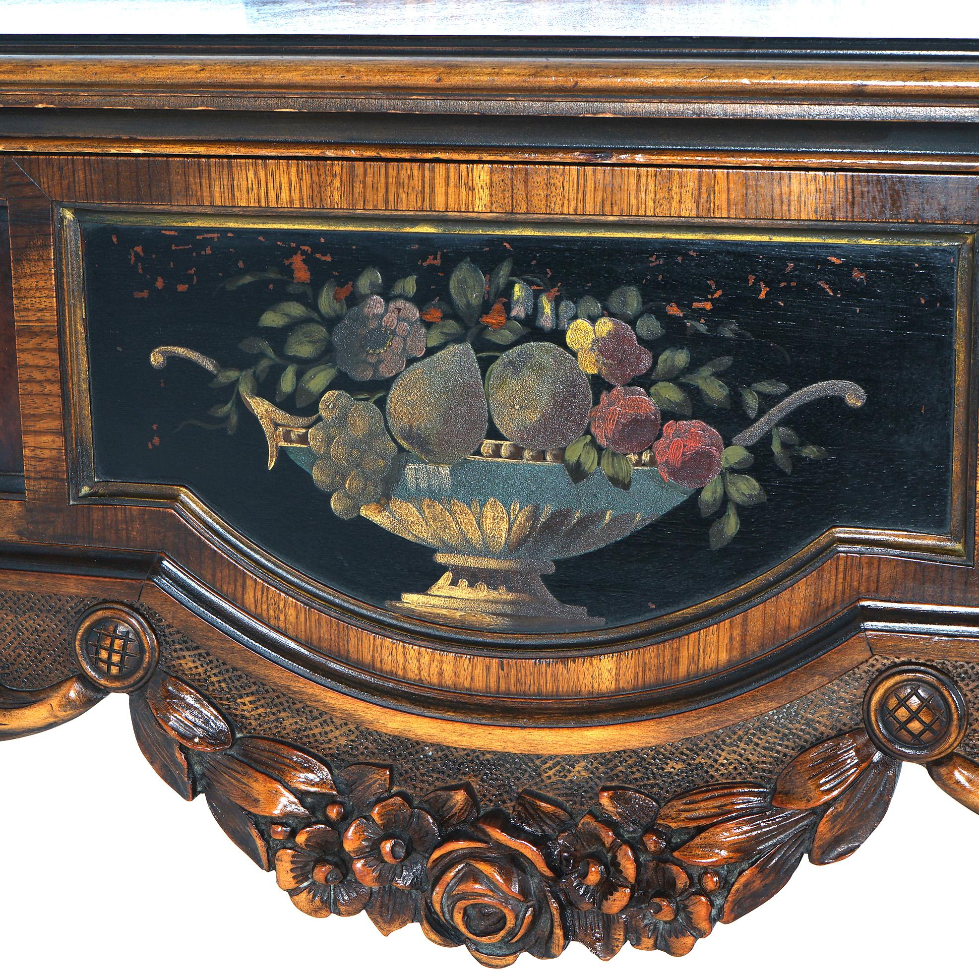 ***Ask About Reduced In-House Shipping Rates - Reliable Service & Fully Insured***
An antique server by Berkey and Gay offers burl, walnut and mahogany construction in demilune form with single long drawer having hand painted flower urn, carved