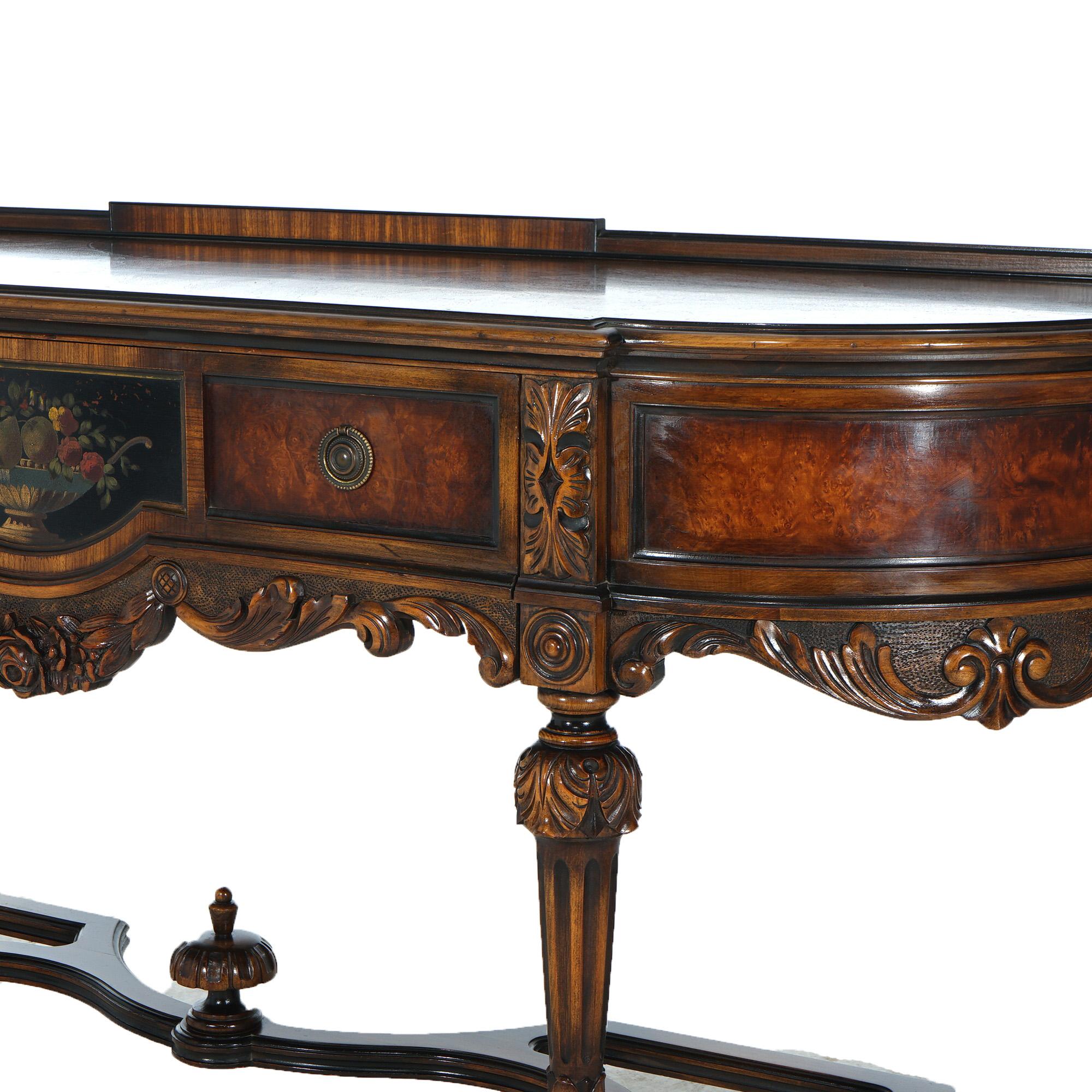 Antique Berkey & Gay Burl Walnut & Mahogany Carved & Hand Painted Server, c1920 In Good Condition In Big Flats, NY
