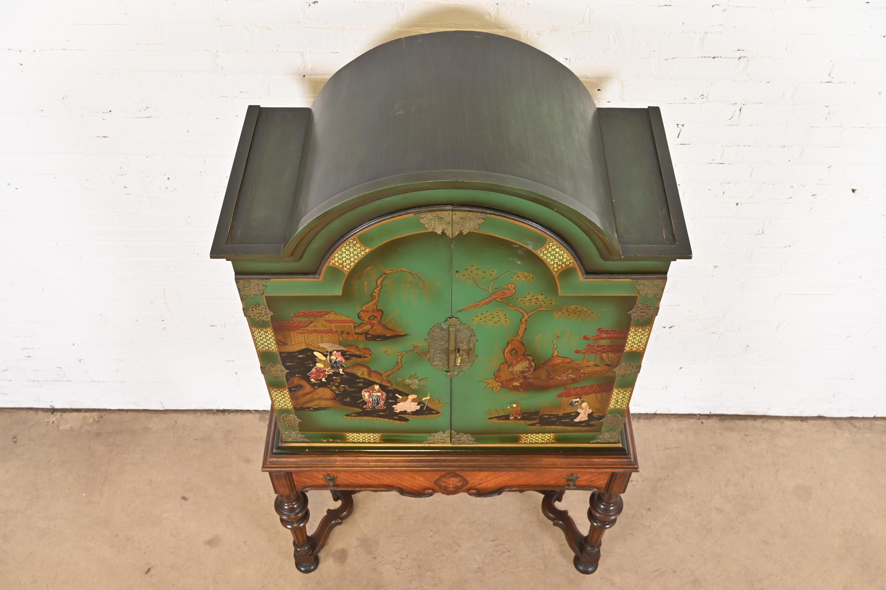Antique Berkey & Gay Chinoiserie Jacobean Hand Painted Bookcase or Bar Cabinet 6