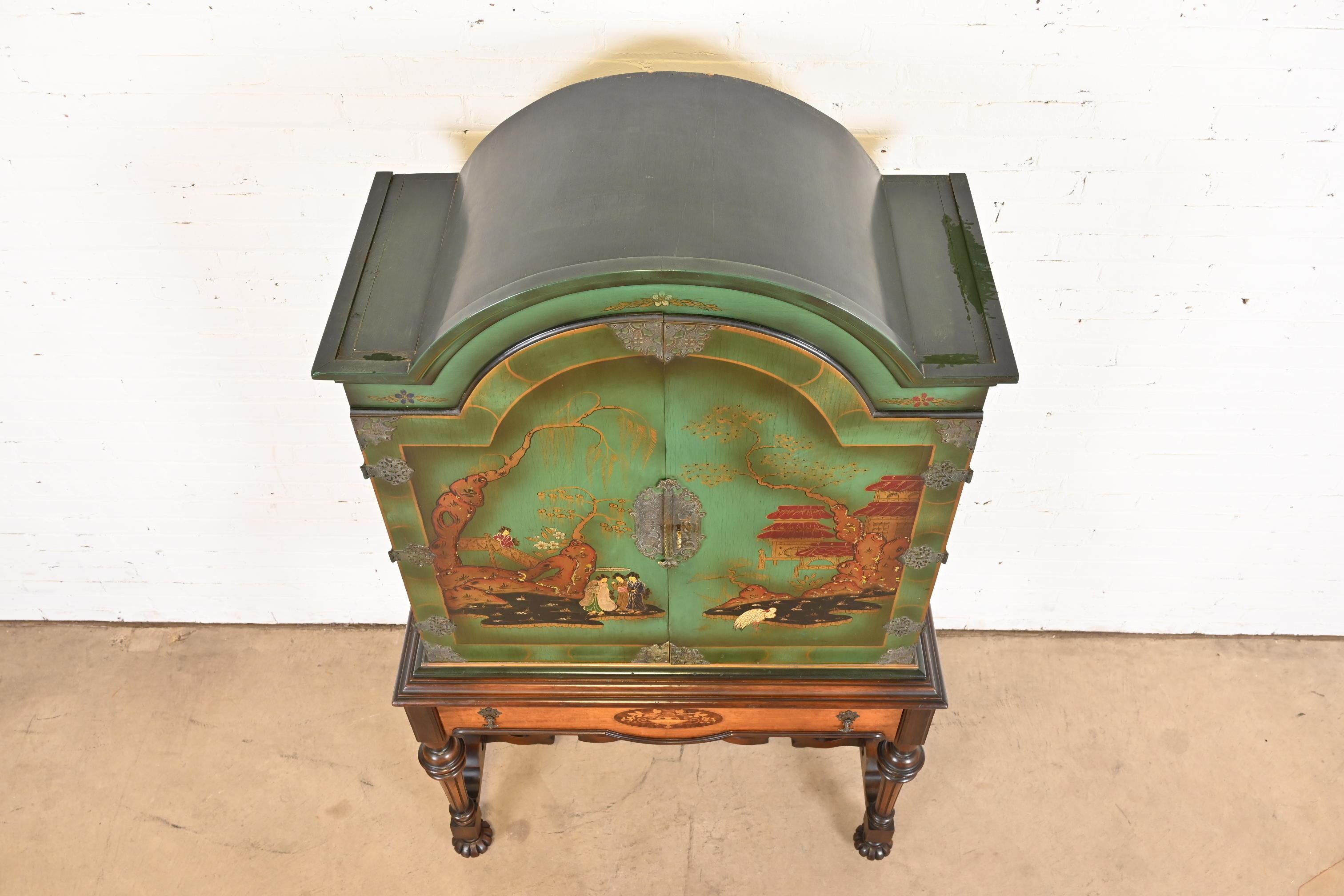 Antique Berkey & Gay Chinoiserie Jacobean Hand Painted Bookcase or Bar Cabinet 11