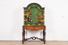 Antique Berkey & Gay Chinoiserie Jacobean Hand Painted Bookcase or Bar Cabinet