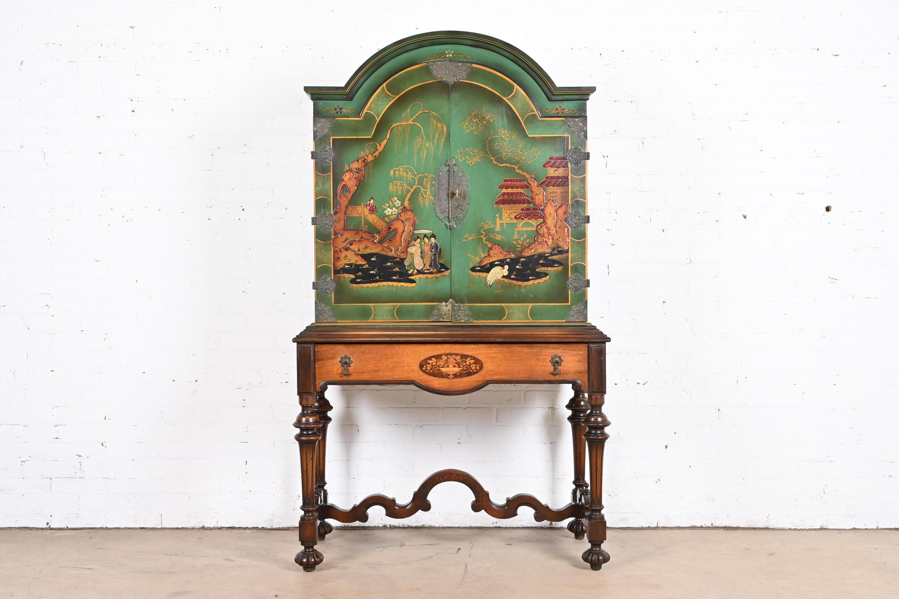 American Antique Berkey & Gay Chinoiserie Jacobean Hand Painted Bookcase or Bar Cabinet