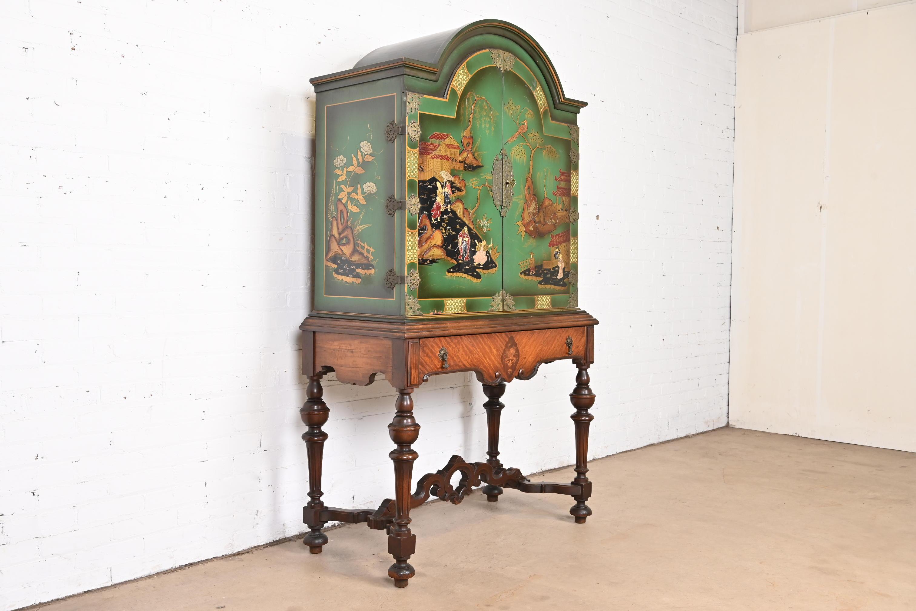American Antique Berkey & Gay Chinoiserie Jacobean Hand Painted Bookcase or Bar Cabinet