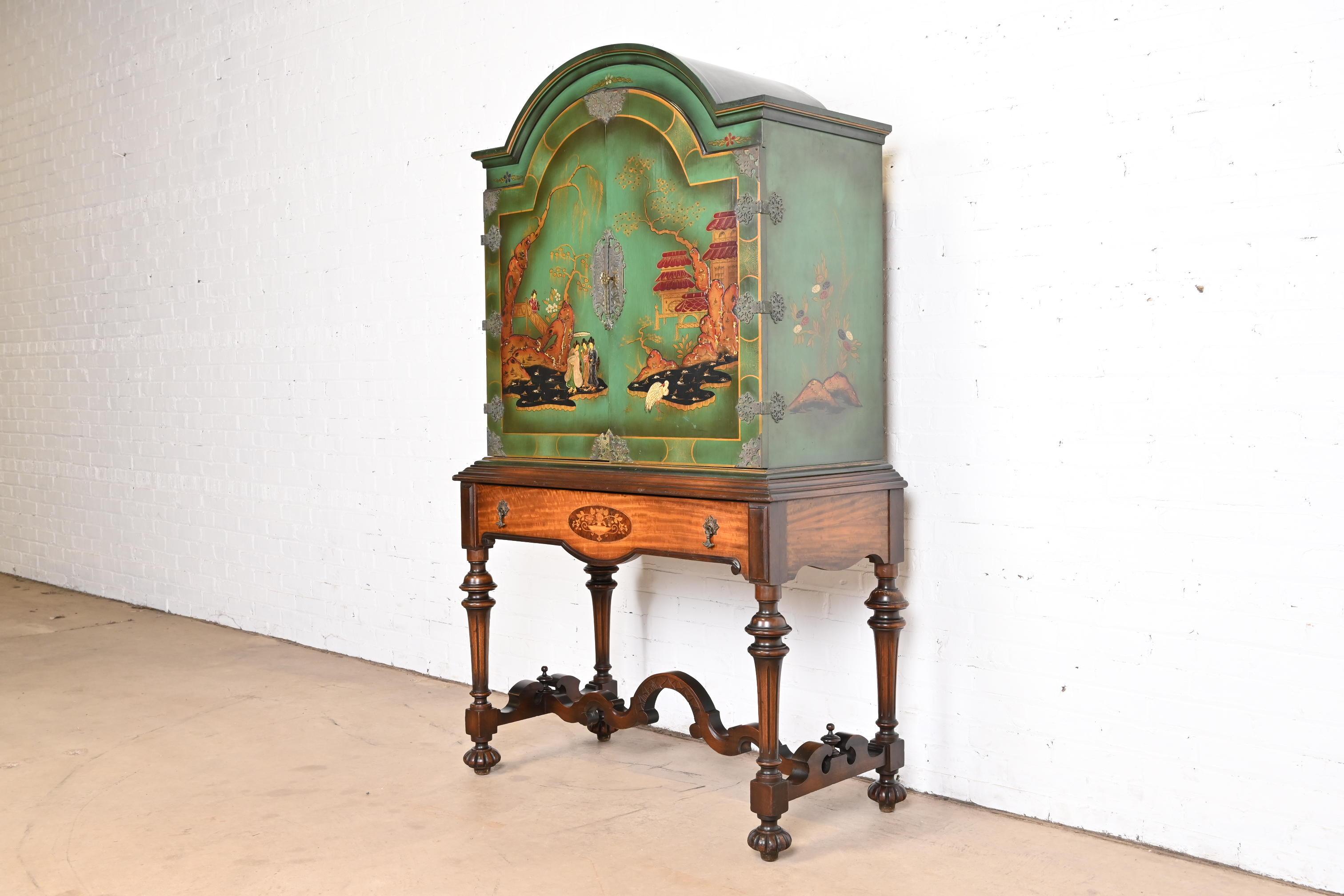 Antique Berkey & Gay Chinoiserie Jacobean Hand Painted Bookcase or Bar Cabinet In Good Condition In South Bend, IN