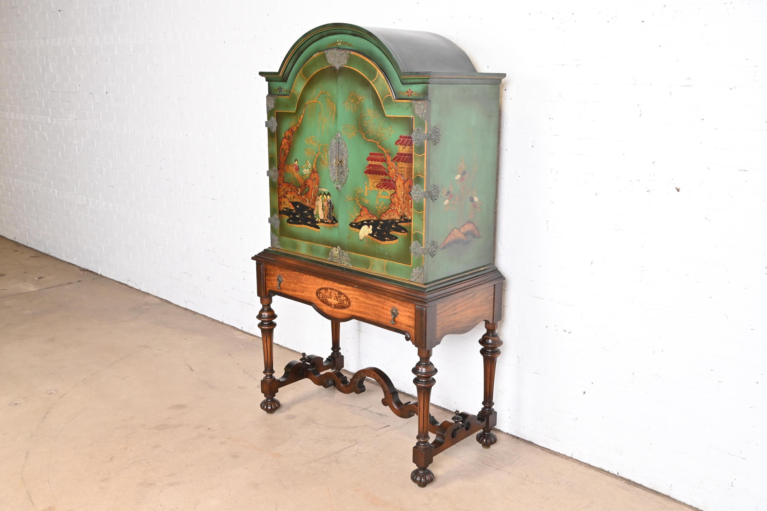 Early 20th Century Antique Berkey & Gay Chinoiserie Jacobean Hand Painted Bookcase or Bar Cabinet