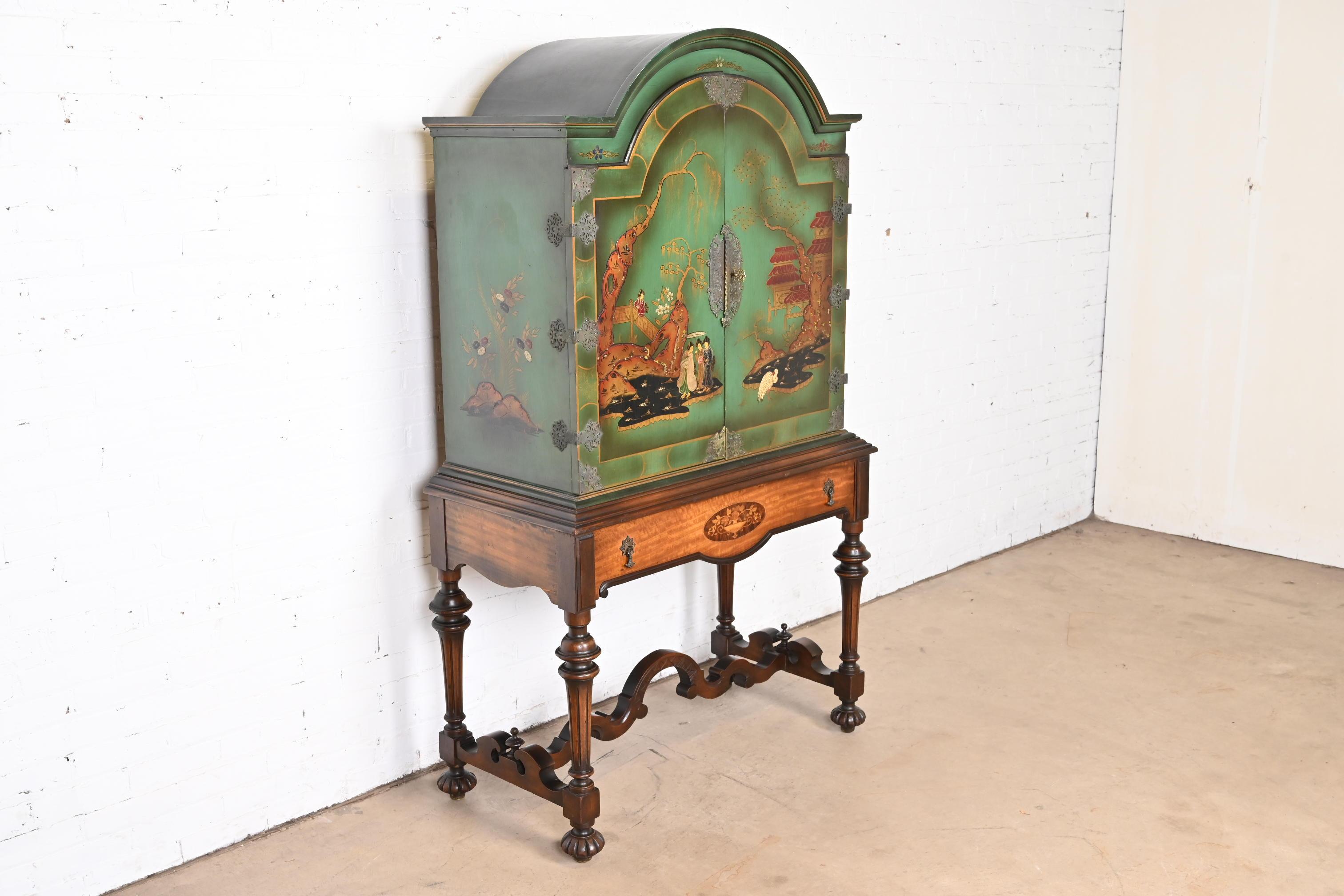 Antique Berkey & Gay Chinoiserie Jacobean Hand Painted Bookcase or Bar Cabinet 1