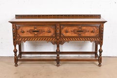 Antique Berkey & Gay English Jacobean Carved Walnut and Burl Wood Sideboard