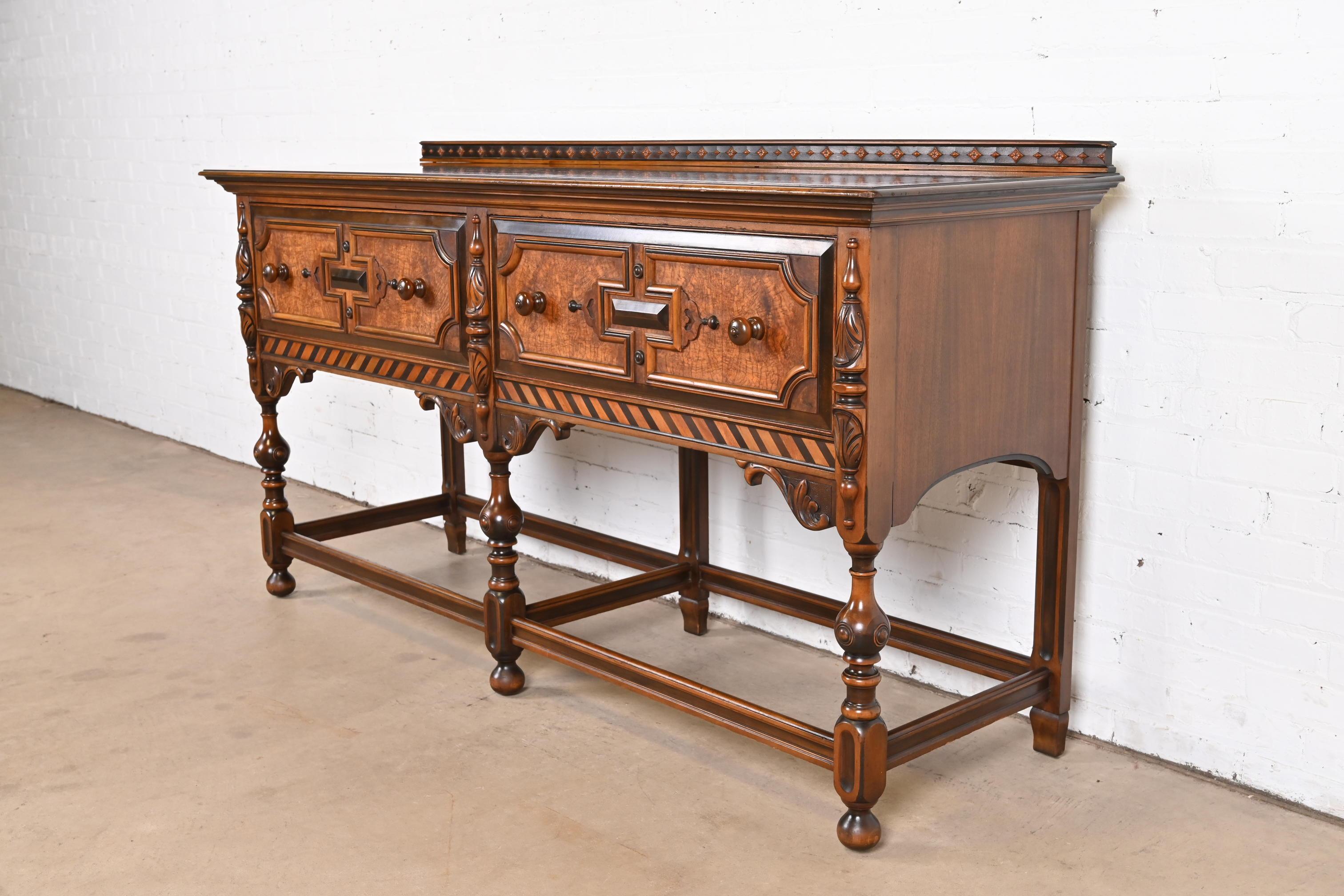 American Antique Berkey & Gay English Jacobean Carved Walnut and Burl Wood Sideboard For Sale