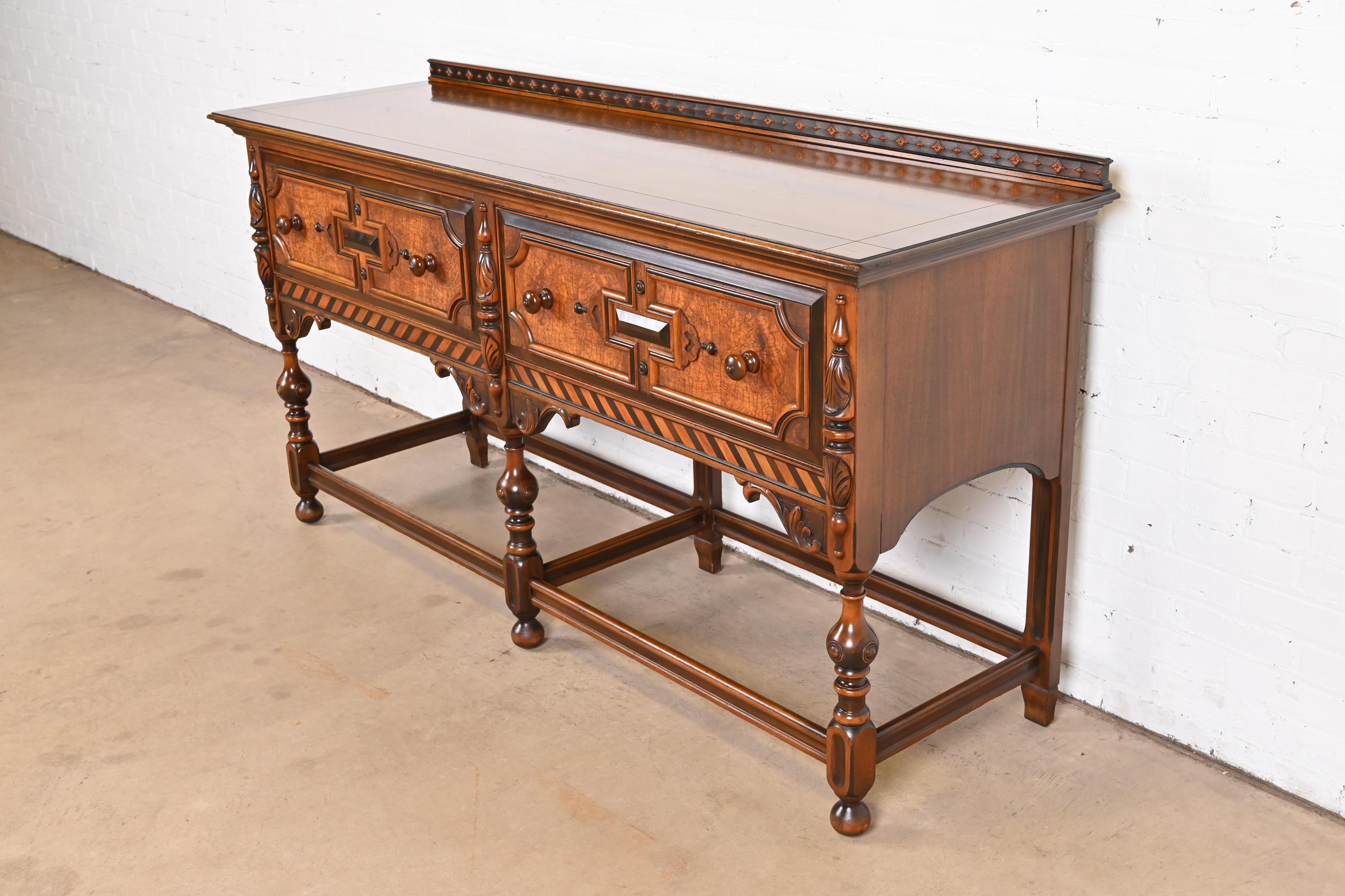 Antique Berkey & Gay English Jacobean Carved Walnut and Burl Wood Sideboard In Good Condition For Sale In South Bend, IN