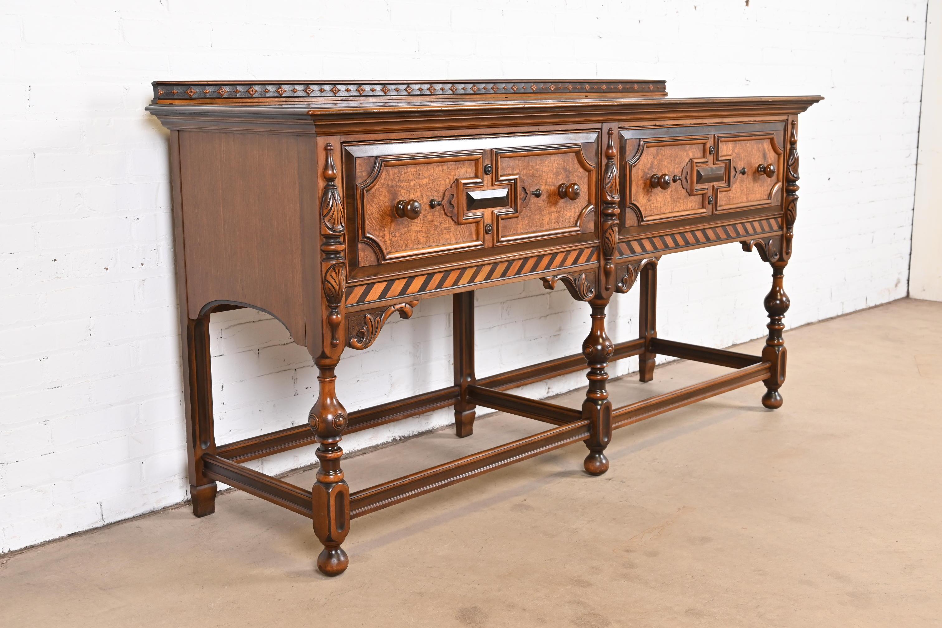 Early 20th Century Antique Berkey & Gay English Jacobean Carved Walnut and Burl Wood Sideboard For Sale