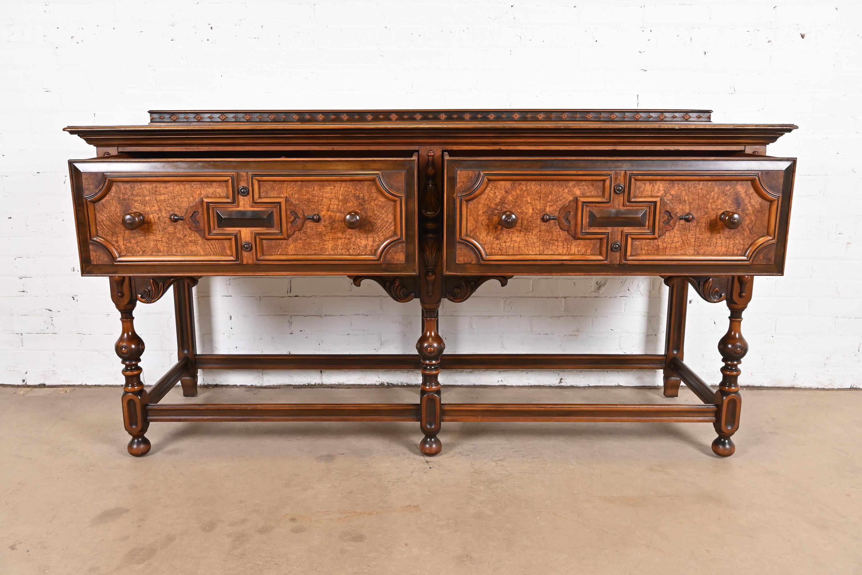Antique Berkey & Gay English Jacobean Carved Walnut and Burl Wood Sideboard For Sale 2