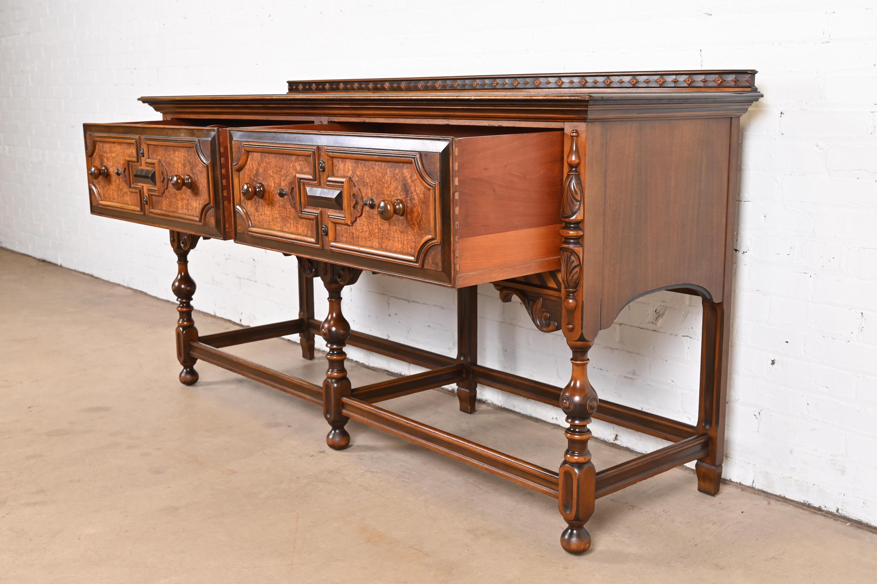 Antique Berkey & Gay English Jacobean Carved Walnut and Burl Wood Sideboard For Sale 3
